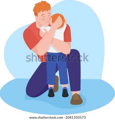 Emotional connection with toddler 2D vector isolated illustration. Father hugging little boy flat characters on cartoon background. Spending time with kid. Dad-son bonding colourful scene