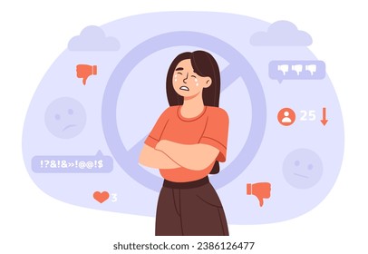 Emotional content concept. Sad woman with negative emotions. Frustration about messengers informations. Mental health and psychology. Cartoon flat vector illustration isolated on white background