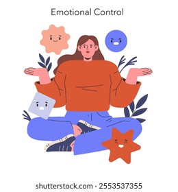 Emotional Control concept. Illustration of a person managing various emotions depicted as characters. Inner peace, mindfulness, and self-regulation. Vector illustration.