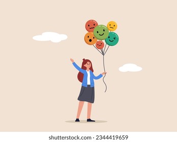 Concepto de control emocional. Autoregulación, manejo tenso o conciencia de salud mental, sentimiento y expresión, mujer tranquila sosteniendo globos con caras de emoción o expresión, feliz, triste o miedo.