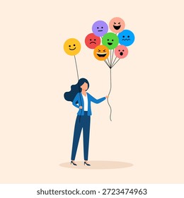 Concepto de control emocional. Autorregulación, manejo del estrés o conciencia de salud mental, sentimiento y expresión, mujer tranquila sosteniendo globos con caras emotivas o de expresión, feliz, triste o temerosa.