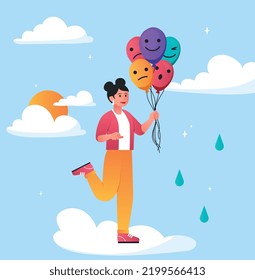 Emotional control concept. Young girl flies on colorful balloons with different emojis. Mood, feelings and emotions. Mindfulness, mental health and psychology. Cartoon flat vector illustration