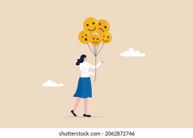 Emotional control and self regulation, stressed management or mental health awareness, feeling and expression concept, calm woman holding balloons with emotion or expression faces, happy, sad or fear. - Shutterstock ID 2062872746