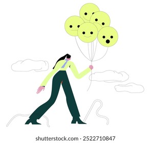 Emotional control and self regulation, stressed management or mental health awareness, feeling and expression concept, calm woman holding balloons with emotion or expression faces, happy, sad or fear.