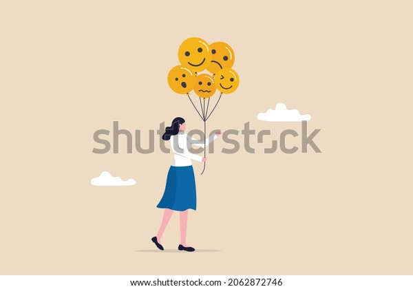 Emotional control and self regulation, stressed\
management or mental health awareness, feeling and expression\
concept, calm woman holding balloons with emotion or expression\
faces, happy, sad or\
fear.