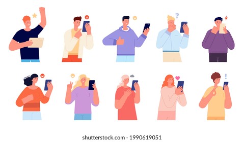 Emotional conversation. Persons talking, young friends talk on phone. Persons group asking online help, mobile chatting utter vector characters