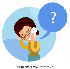 Emotional conversation, a woman talking on a smartphone. In the flat style. Speech bubble, question mark. eps 8.