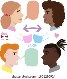 Emotional conversations of people. Communication. Women and men are in dialogue. There are medical masks that people can wear. Avatars of different persons