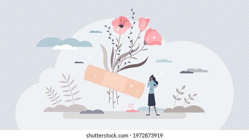 Emotional cure and psychological feeling treatment help tiny person concept. Relationship problem or personal trouble solution with a symbolic band-aid on bouquet vector illustration. Unhappy female.