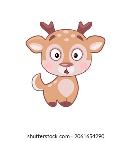 emotional cute deer mascot with antlers isolated on white background, big eyes,