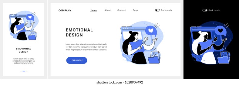 Emotional Design Website UI Kit. Interaction Design, User Positive Experience, Design Of Client Emotions, Product Engagement, Emotional Marketing, UX Landing And Mobile App Vector UI Template.