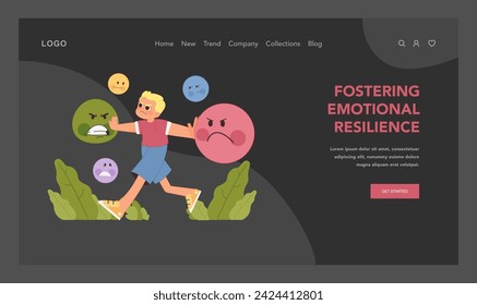 Emotional development concept. Boy navigating through different emotions, symbolizing growth of emotional resilience. Improvement of emotional intelligence in children. Flat vector illustration