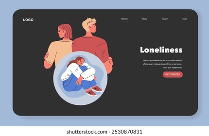 Emotional disconnect concept. An illustration of a woman feeling isolated as her partner is unaware, depicting loneliness in relationships. Vector illustration.
