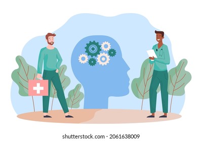Trastorno emocional. Los médicos ayudan a restablecer la salud mental y a resolver problemas psicológicos. Terapia y eliminación de emociones negativas. Dibujo vectorial plano de dibujos animados aislado en fondo blanco