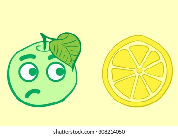 Emotional dissatisfied apple looks at the yellow lemon cut in half