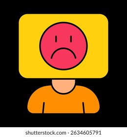 Emotional distress icon. Person with sad face on screen shows mental strain, negativity, or emotional overload, indicating low mood or anxiety.