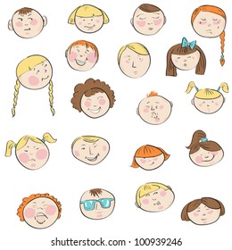 Emotional doodles children faces - vector hand drawn sketch of cute boys and girls. Can be used as icon design for school project 