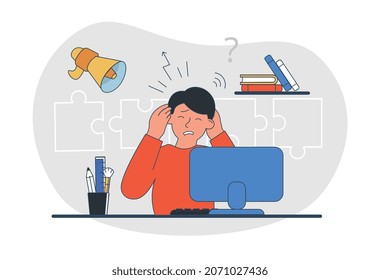 Emotional employee with laptop. Character looks at monitor in horror. Deadline, panic, fear, frustration. Employee worried about project. Difficulties at work. Cartoon flat vector illustration