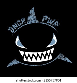 Emotional evil face with eyes and predator throat. Dude shark character t shirt design. Danger power text poster.