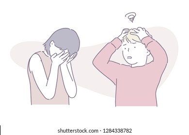 Emotional expression of children who have a hard look. hand drawn style vector design illustrations.