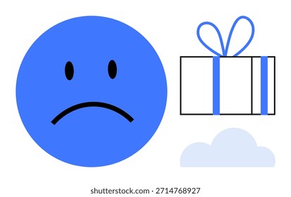 Expresión emocional, intercambio de regalos, decepción, sentimientos encontrados, comunicación, arte conceptual. Emoticono de cara triste, caja de regalo y nube. Expresión emocional y concepto de intercambio de regalos
