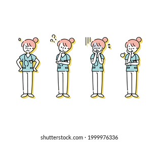 Emotional expression illustration of a female nurse in a white coat (whole body)
