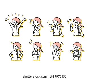 Emotional expression illustration of a female nurse in a white coat (upper body)
