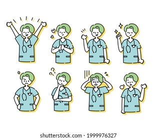 Emotional expression illustration of a male nurse wearing a scrub (upper body)