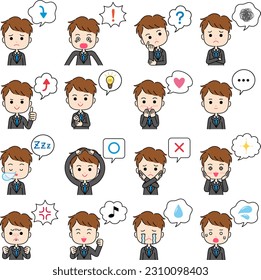 Emotional expression illustration of a man in a suit with a speech bubble