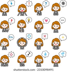 Emotional expression illustration of a woman in a suit with a speech bubble