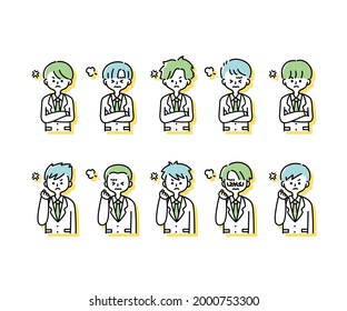 Emotional expression illustrations of various male students in winter uniforms (upper body)