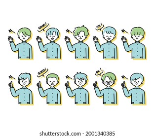 Emotional expression illustrations of various male students in winter uniforms (upper body)