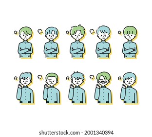 Emotional expression illustrations of various male students in winter uniforms (upper body)