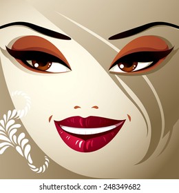 Expresión emocional en la cara de una linda chica. Hermosa mujer sonriente feliz con un moderno maquillaje y un elegante peinado con cerraduras.