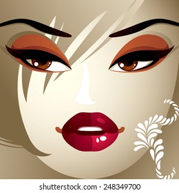 Emotional expression on the face of a cute girl.  Angry woman with a modern makeup and stylish hairdo with locks.