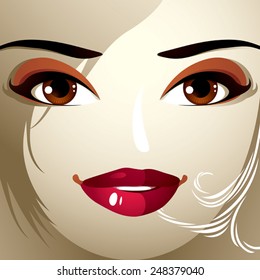 Emotional expression on the face of a cute girl. Beautiful happy smiling woman with a modern makeup and stylish hairdo with locks.