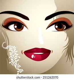 Emotional expression on the face of a cute girl. Beautiful happy smiling woman with a modern makeup and stylish hairdo with locks.