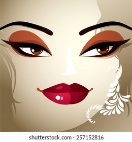 Emotional expression on the face of a cute girl.  Beautiful woman with a modern makeup and stylish hairdo with locks.