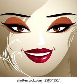 Emotional expression on the face of a cute girl. Beautiful happy smiling woman with a modern makeup and stylish hairdo with locks.