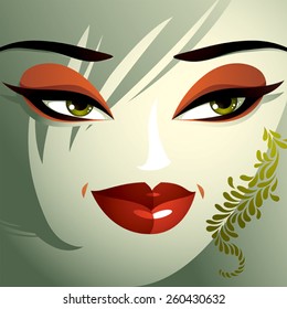 Emotional expression on the face of a cute girl. Beautiful tricky woman with a modern makeup and stylish hairdo with locks.