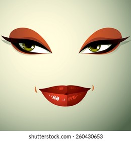 Emotional expression on the face of a cute girl. Beautiful sexy and tricky woman with a modern makeup.