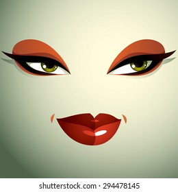 Emotional expression on the face of a cute girl. Beautiful sexy and tricky woman with a modern makeup.