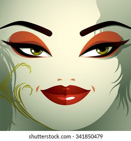 Emotional expression on the face of cute girl. Beautiful tricky woman with modern makeup and stylish hairdo with locks.