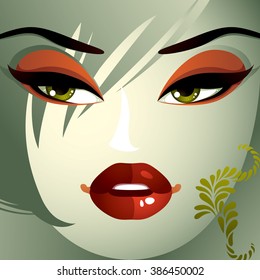 Emotional expression on the face of a cute girl.  Angry woman with a modern makeup and stylish hairdo with locks.