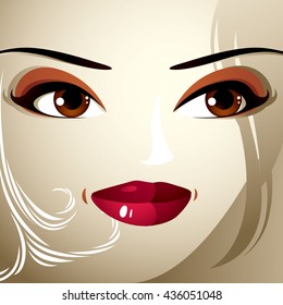 Emotional expression on the face of a cute girl. Beautiful happy smiling woman with a modern makeup and stylish hairdo with locks.