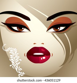 Emotional expression on the face of a cute girl.  Angry woman with a modern makeup and stylish hairdo with locks.