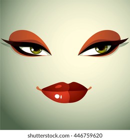 Emotional expression on the face of a cute girl. Beautiful sexy and tricky woman with a modern makeup.