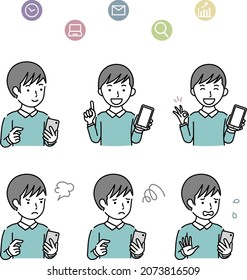 Emotional expression set for young men operating smartphones
