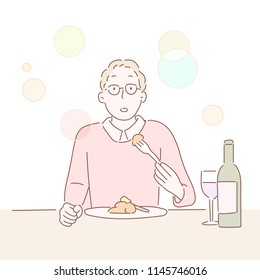 Emotional expression of a surprised man eating delicious food on a table above. hand drawn style vector design illustrations.