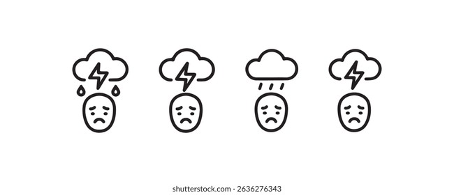Emotional expressions: sad faces with storm clouds icon set.